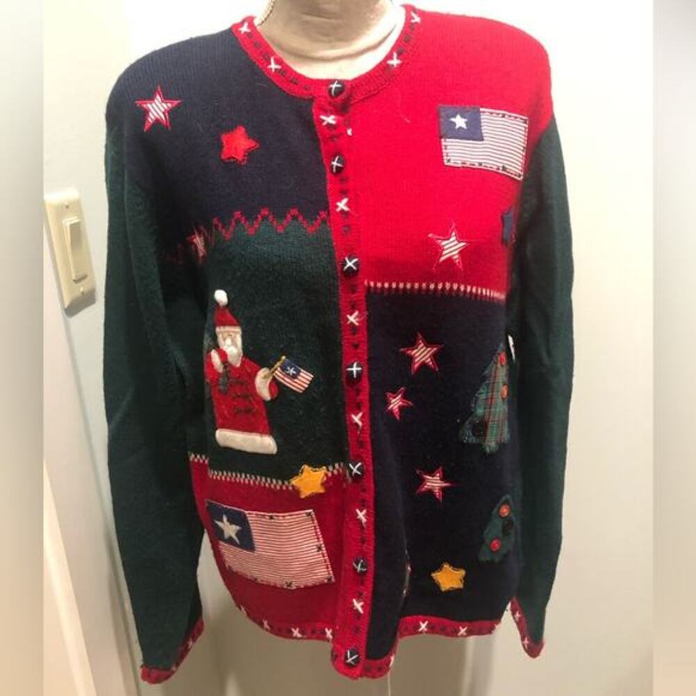 Vintage 1990’s Ladies Ugly Patriotic Primitive Santa Christmas Sweater Sz L